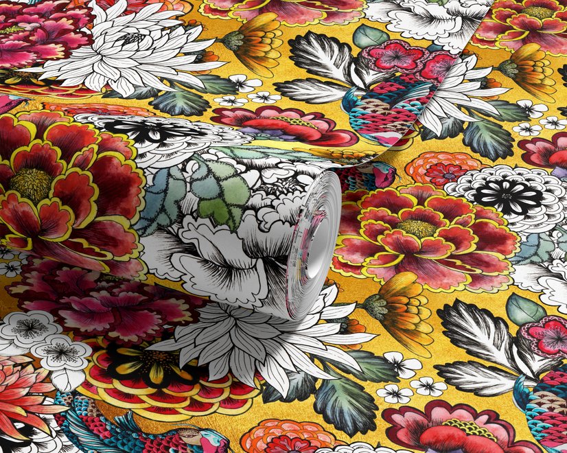 Floral and fish wallpaper with coral blooms, teal fish and black white flowers on metallic mustard-gold ground