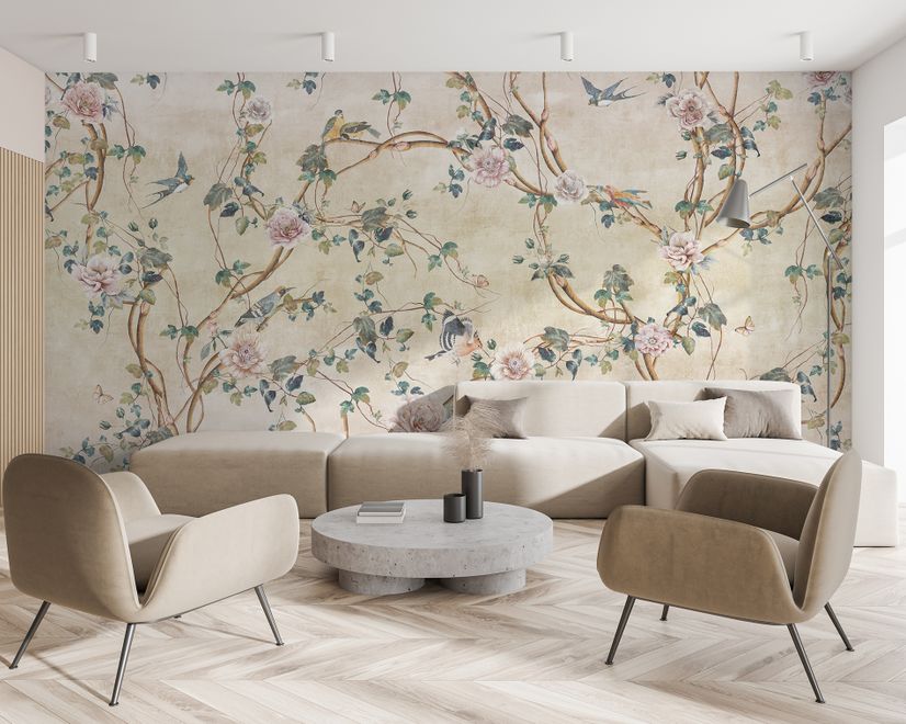 Watercolor Chinoiserie Floral Peony Blossom Wallpaper Mural