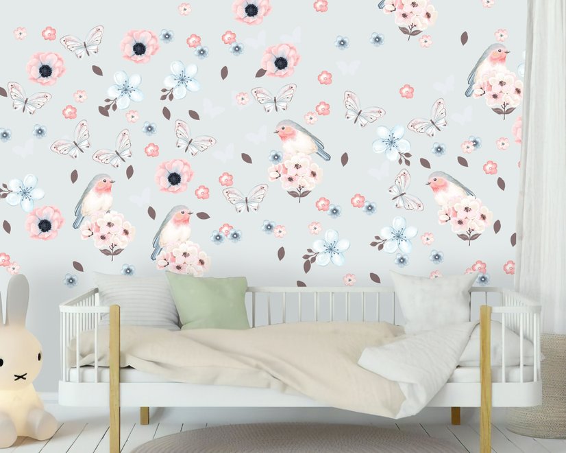Aquarelle rose bleu fleurs avec oiseaux et papillons Stickers muraux