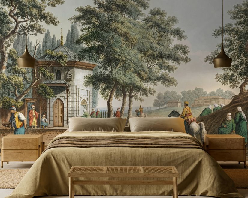 Vintage Rural Landscape with Village Folk Wallpaper Mural