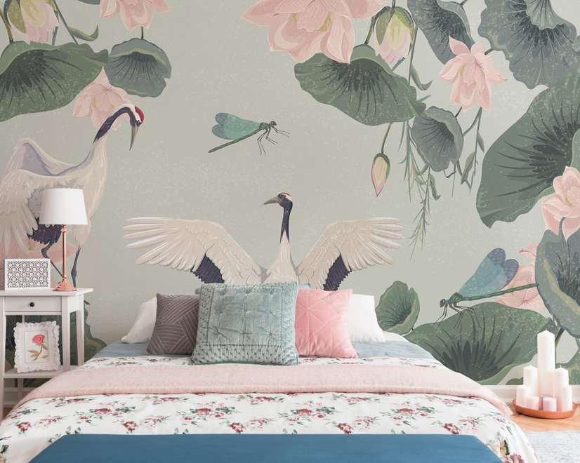 Papier peint fleur lotus rose cigogne blanche
