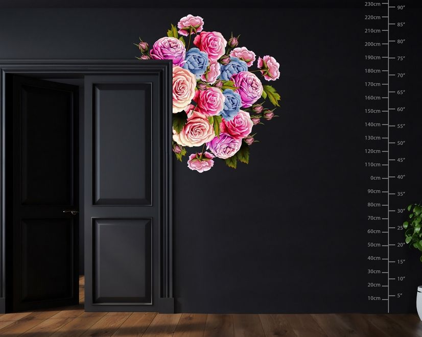 3D Blumen Wandtattoo mit Rosa, Orange und Blauen Rosensträußen