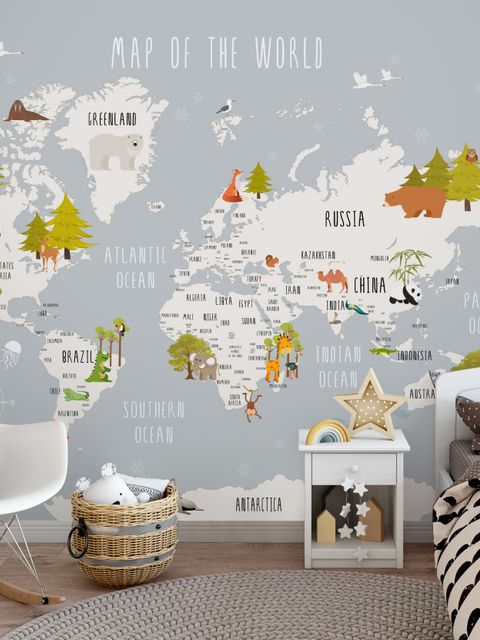 Kids World Map with Cartoon Animals Wallpaper Mural