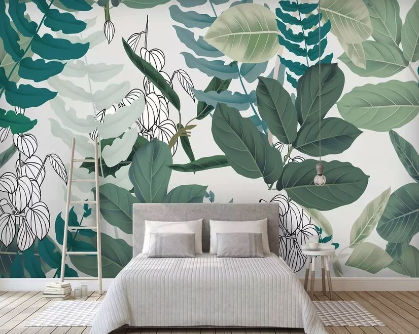 3D Look Tropical Leaf Drawing Art Wallpaper Mural