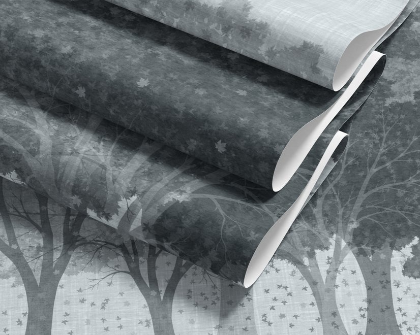 Light gray wallpaper mural with misty forest trees, falling leaves and birds