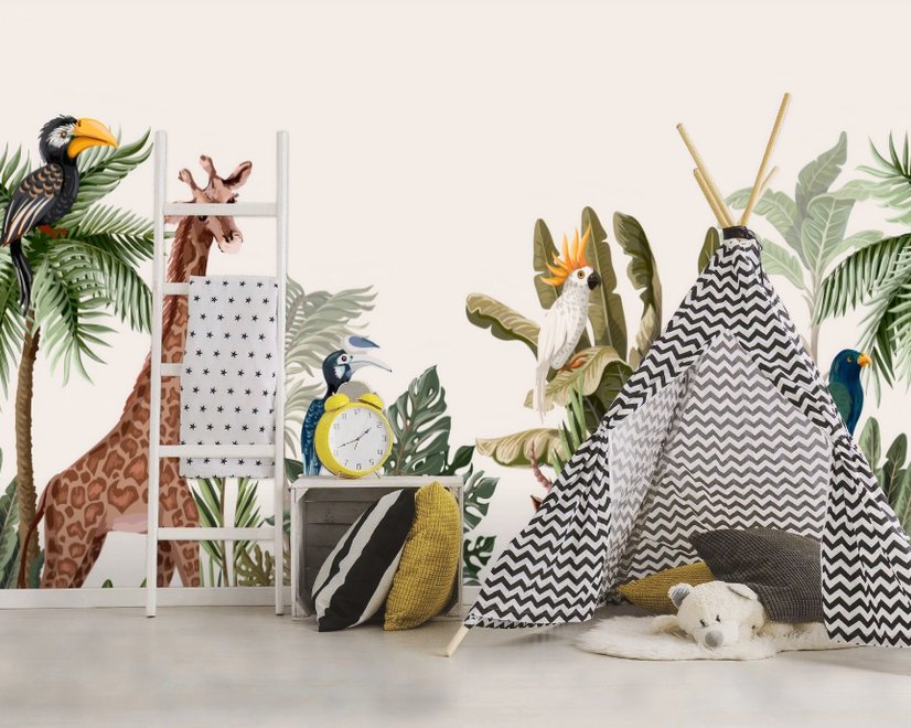 Watercolor Jungle and Safari Animals Wallpaper Mural