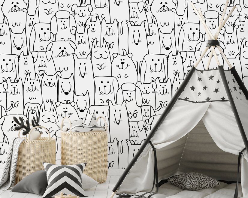 Papier peint panoramique motif visages de chiens mignons pour enfants