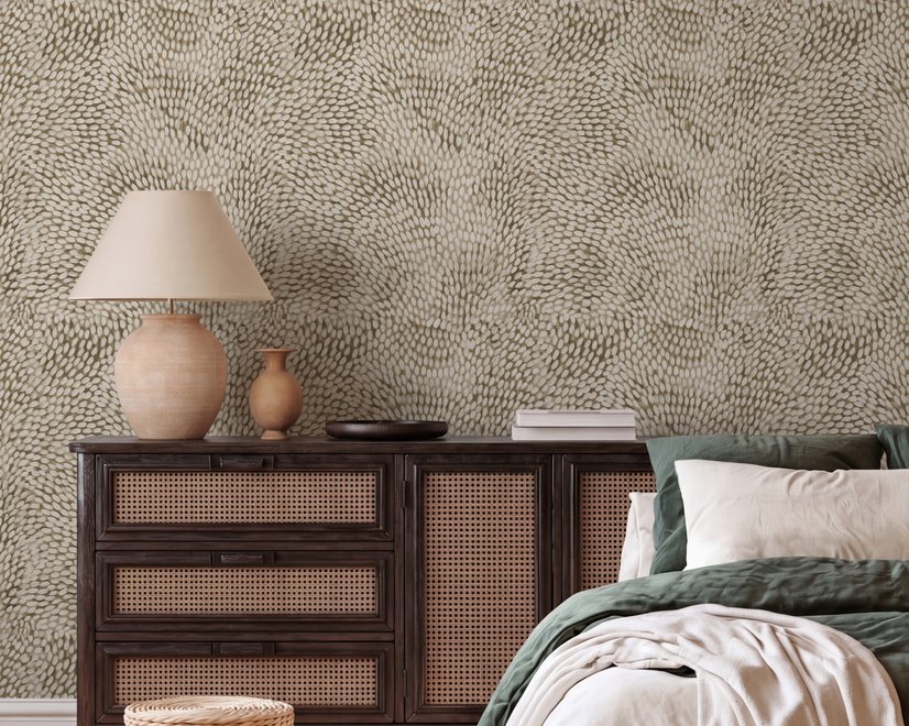 Abstract taupe and greige wallpaper with creamy white oval brush marks in flowing currents