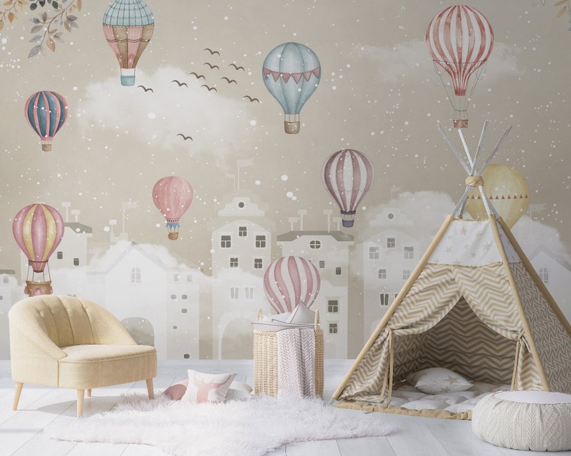 Kids Nursery Cartoon Winter and Little Hot Air Balloon Wallpaper Mural