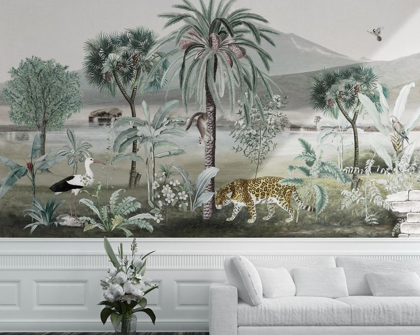 Vintage Exotic Landscape with Wild Animals Wallpaper Mural