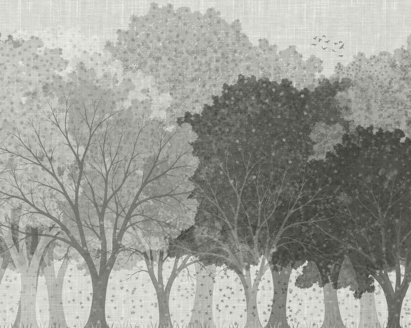 Light gray wallpaper mural with layered ink-wash woodland trees, falling leaves and birds
