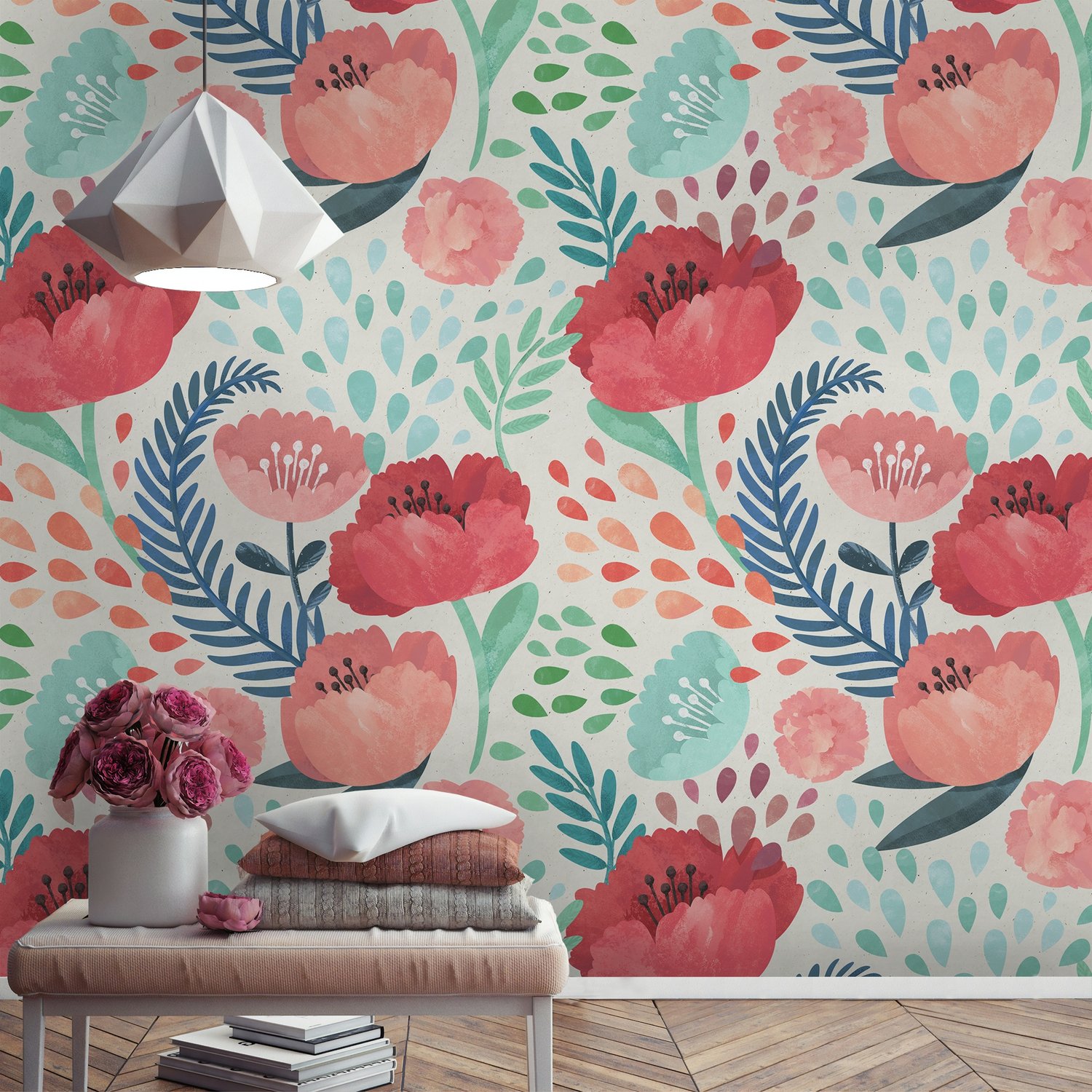 Watercolor Corn Poppy Floral Wallpaper Mural - Peel and Stick