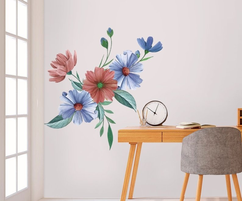 Blue Red Watercolor Daisy Floral Bouqet Wall Decal Sticker