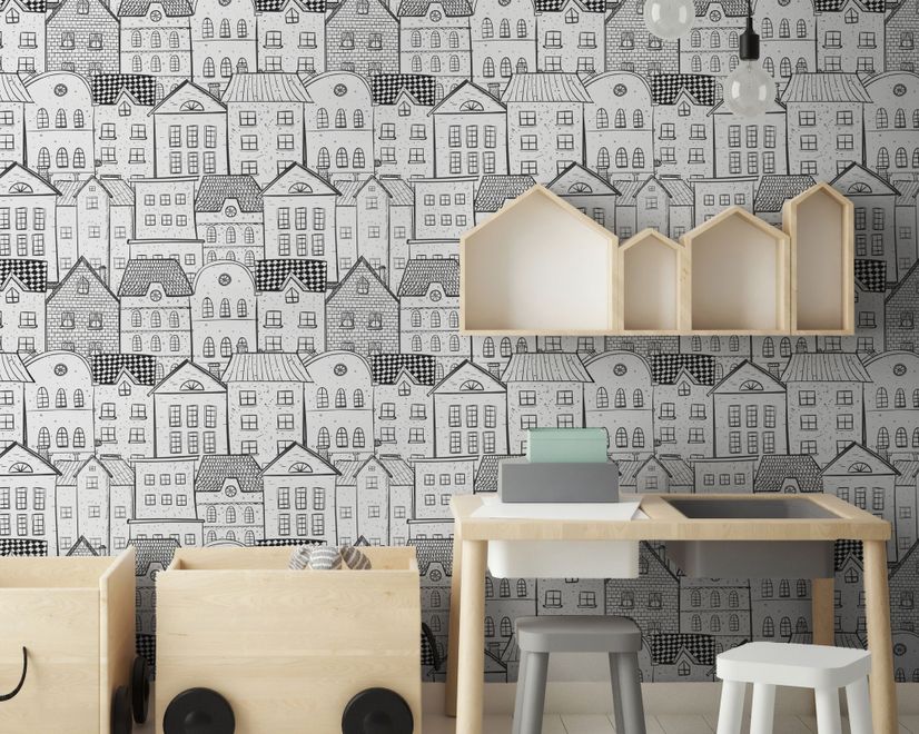 Kids Black and White Sketch House Wallpaper Mural