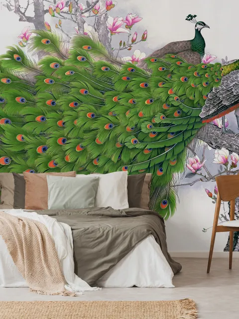 Papier peint panoramique paon élégant avec fleurs de cerisier
