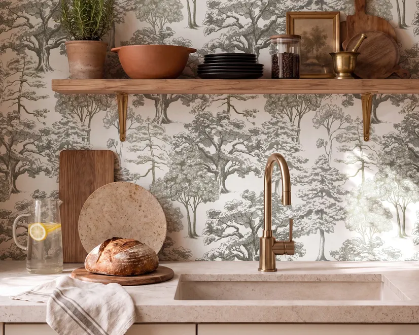Monochrome wallpaper with grey tree toile on a clean white ground