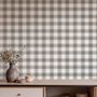 Beige, oat and cream-white plaid wallpaper with fine navy-blue stripes and printed linen texture