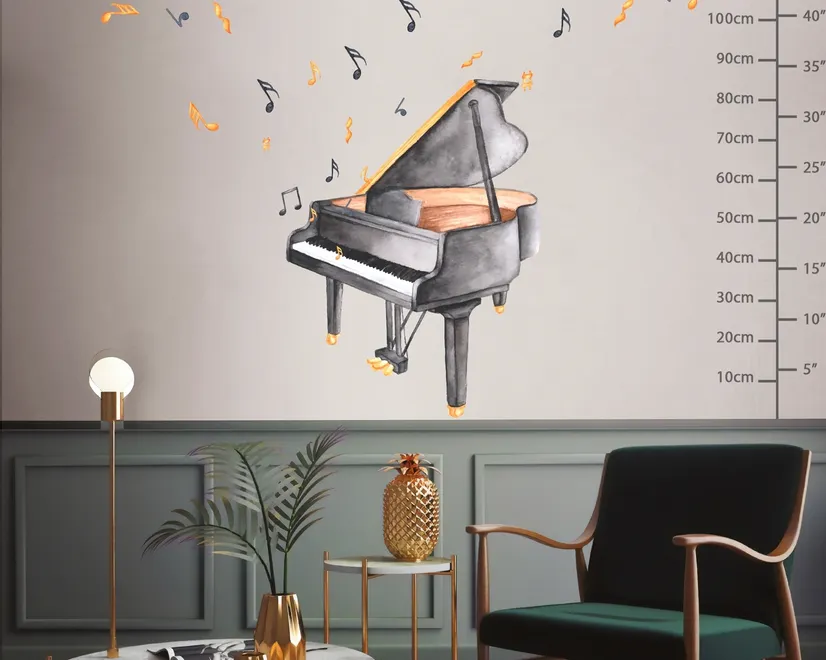 Watercolor Piano and Trumpet with Colorful Music Notes Wall Decal Sticker