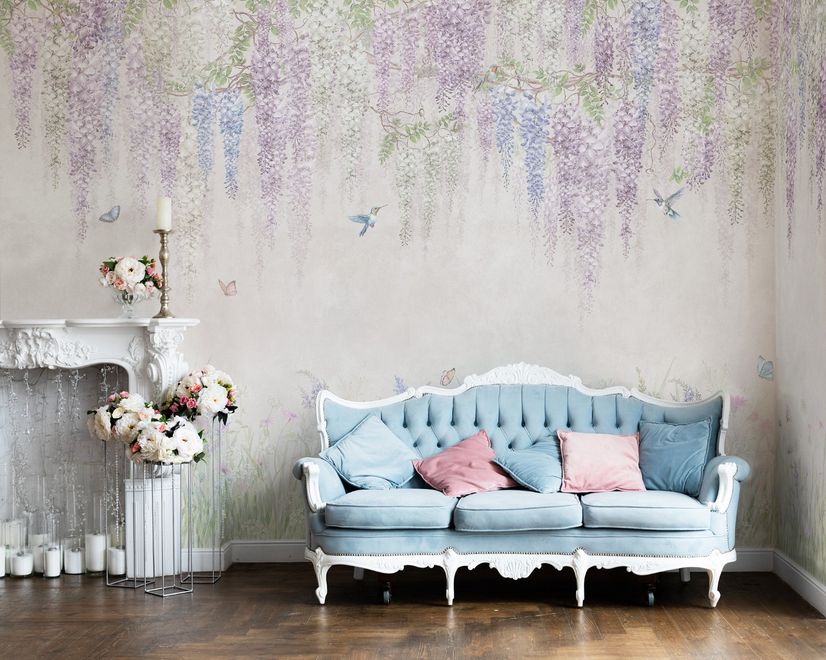 Watercolor Hanging Wisteria Flowers with Hummingbirds Wallpaper Mural 