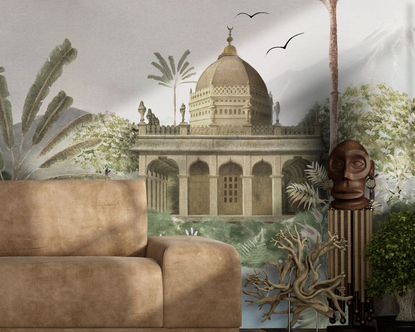 Vintage River Landscape with Mosque Historical Art Wallpaper Mural