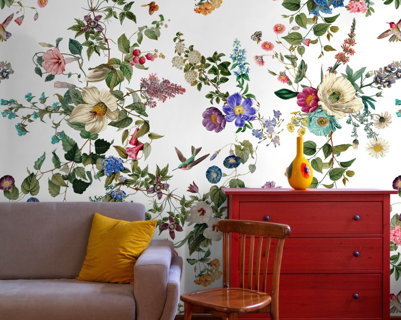 Botanical Flowers Floral with Birds Wallpaper Mural