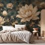 Ivory lotus flowers and seed pods on charcoal teal lily pads in a botanical lotus wallpaper mural