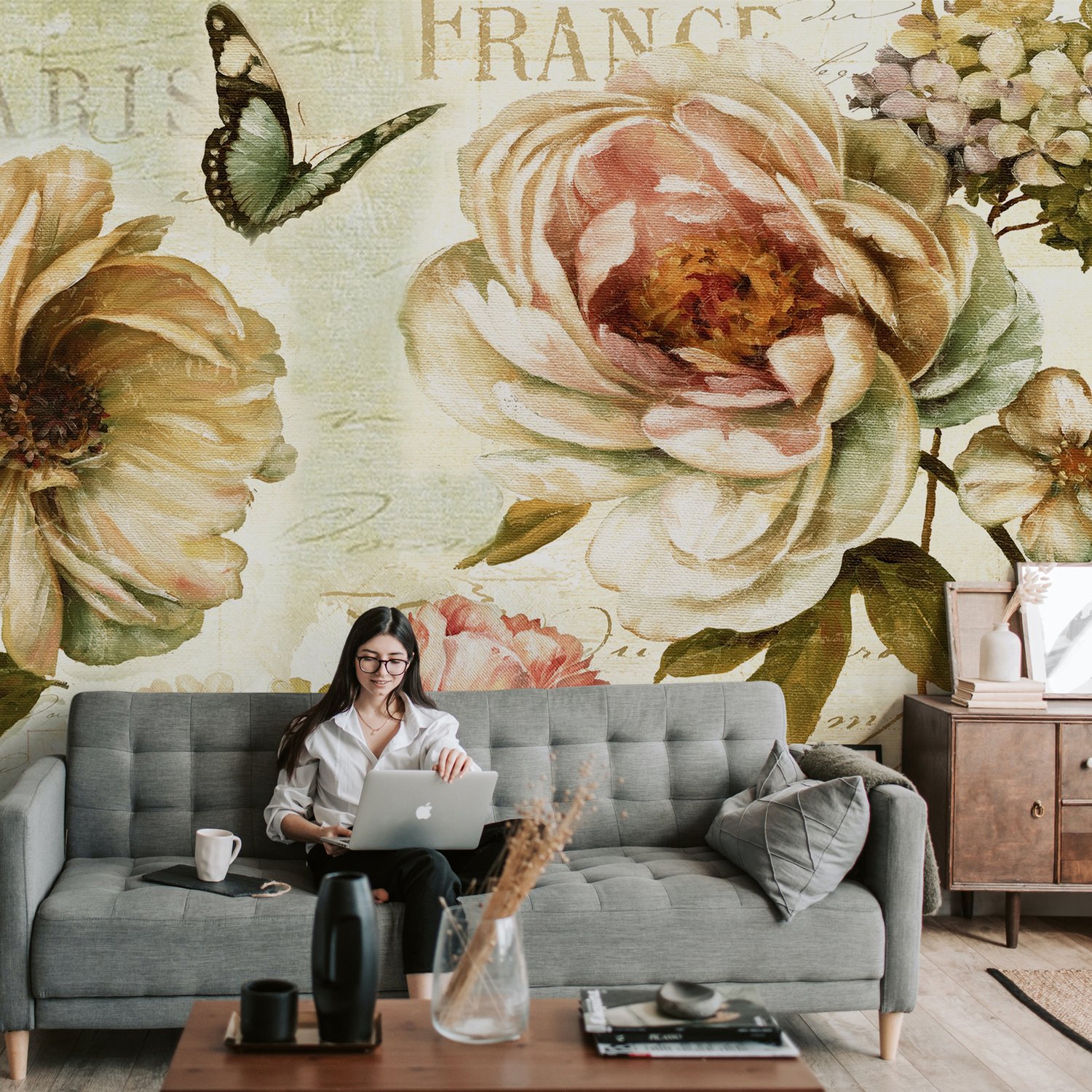 Vintage Hydrangea Wallpaper Mural - Peel and Stick