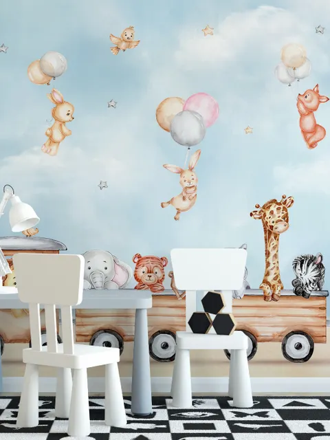 Cute Kids Animals on Train Wallpaper Mural