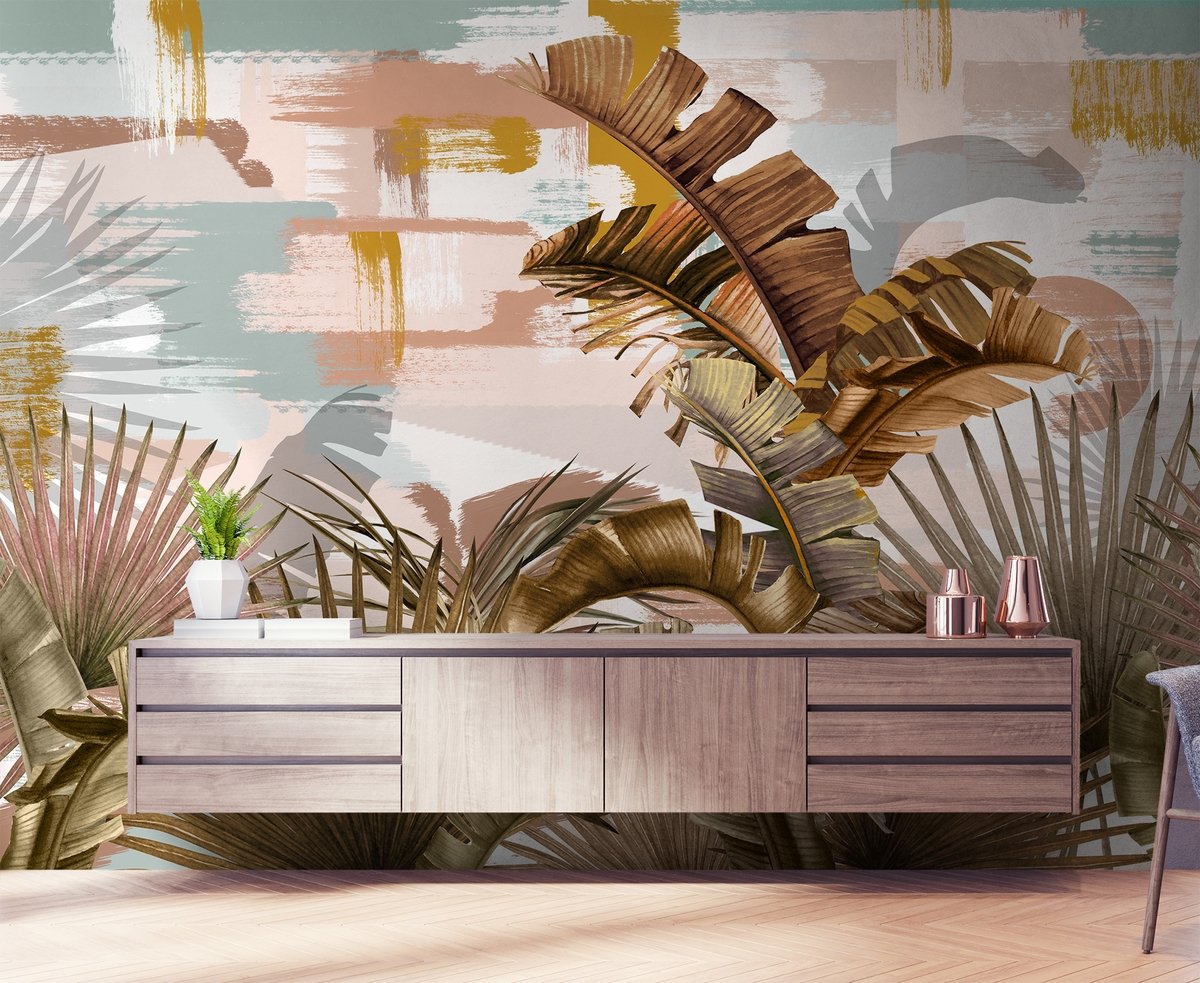 Tropical Leaf Painting with Brush Strokes Wallpaper Mural - Peel and Stick