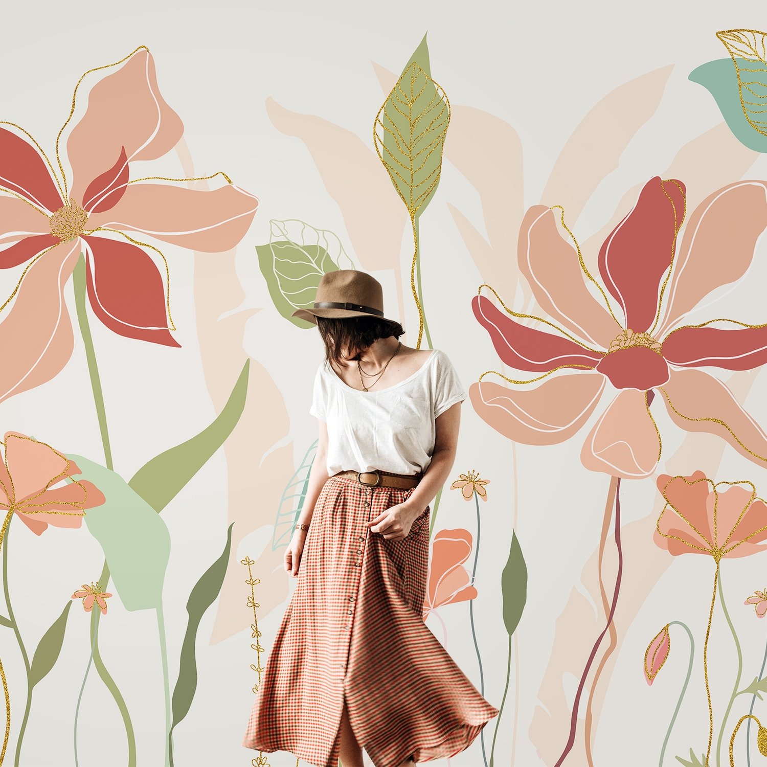 Gold Look Floral Garden Drawing Art Wallpaper Mural - Peel and Stick
