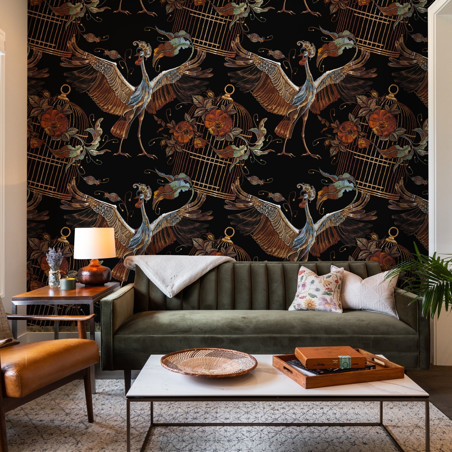 Crane Birds and Flowers with Golden Cage Wallpaper Mural - Peel and Stick