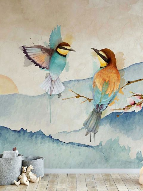 Papier peint paysage d'hiver aquarelle et oiseaux colorés