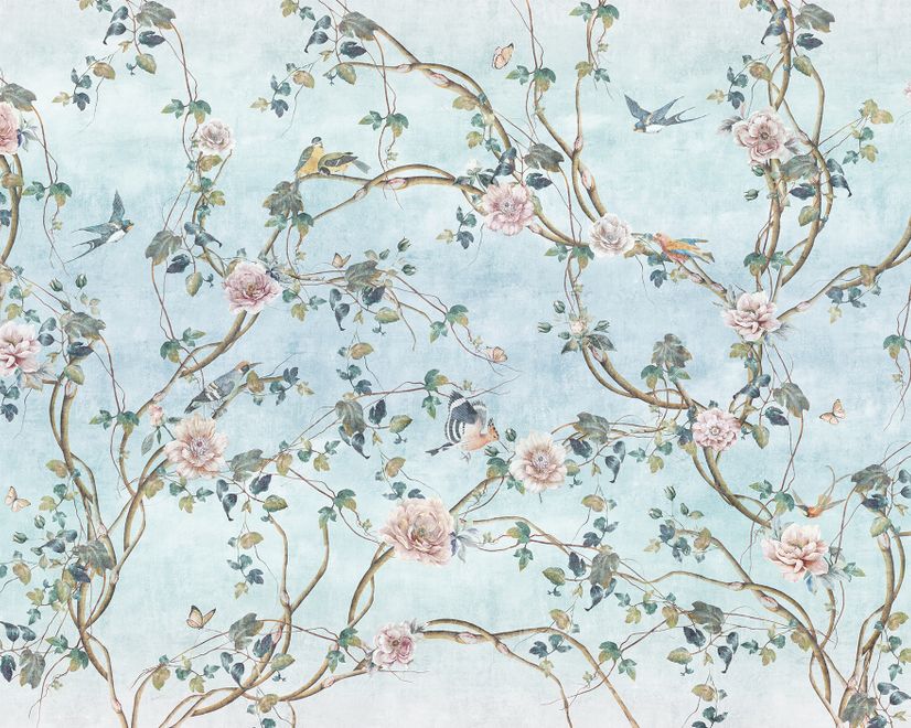 Aquarell-Chinoiserie-Blumen-Pfingstrosen-Fototapete