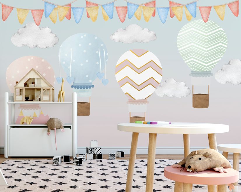 Kinder Bunte Heißluftballon mit Aquarell-Flaggen Fototapete
