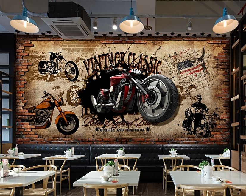 Vintage Motorrad mit Amerikanischer Flagge Fototapete