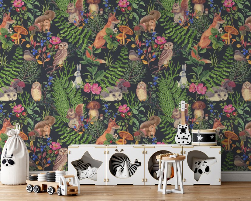 Papier peint panoramique aquarelle mignons enfants animaux dans la forêt