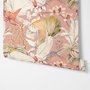 Pink tropical wallpaper with ivory fan palms, orchids, coral blossoms and sage foliage on dusty rose