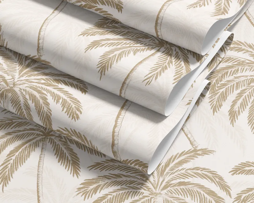 Muted sandy taupe palm trees and pale foliage on a creamy ivory ground tropical wallpaper
