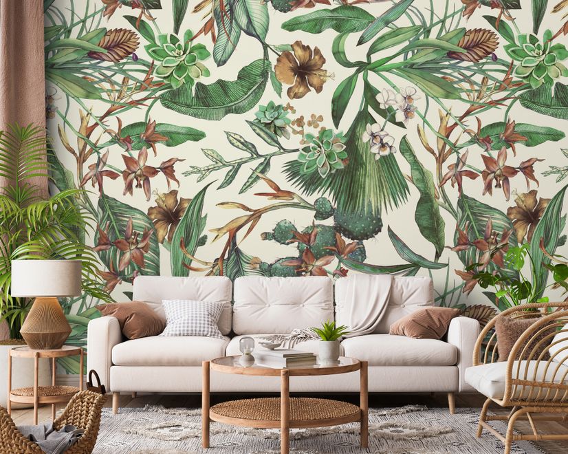 Watercolor Green Tropical Leaves Wallpaper Mural