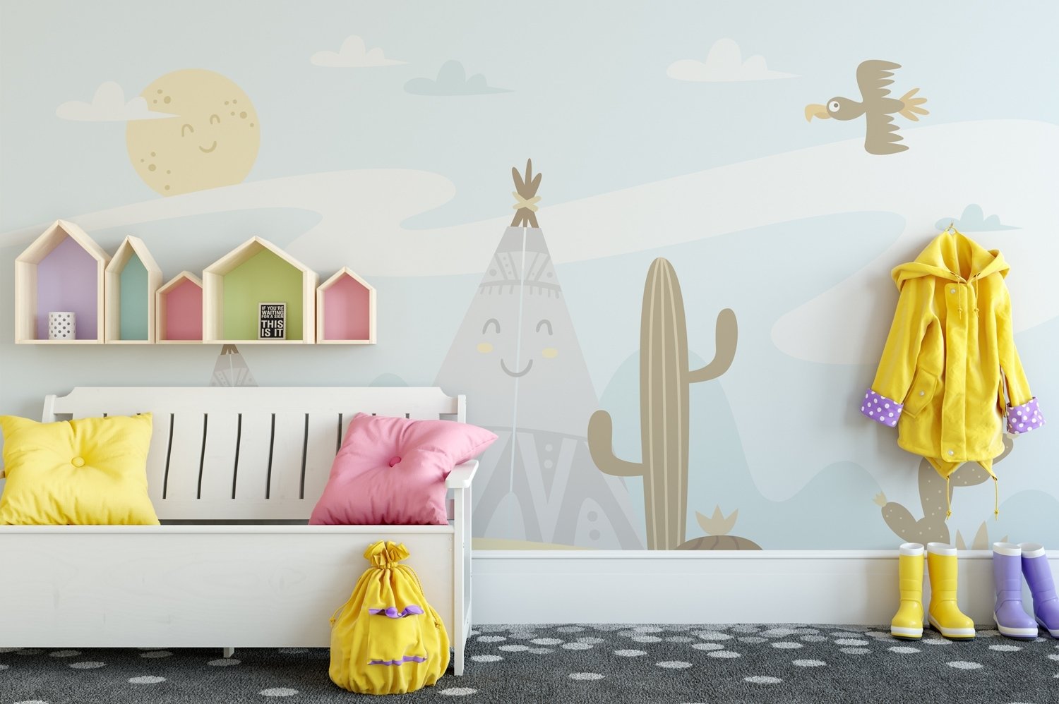 Cartoon Landscape with Happy Sun Wallpaper Mural - Peel and Stick