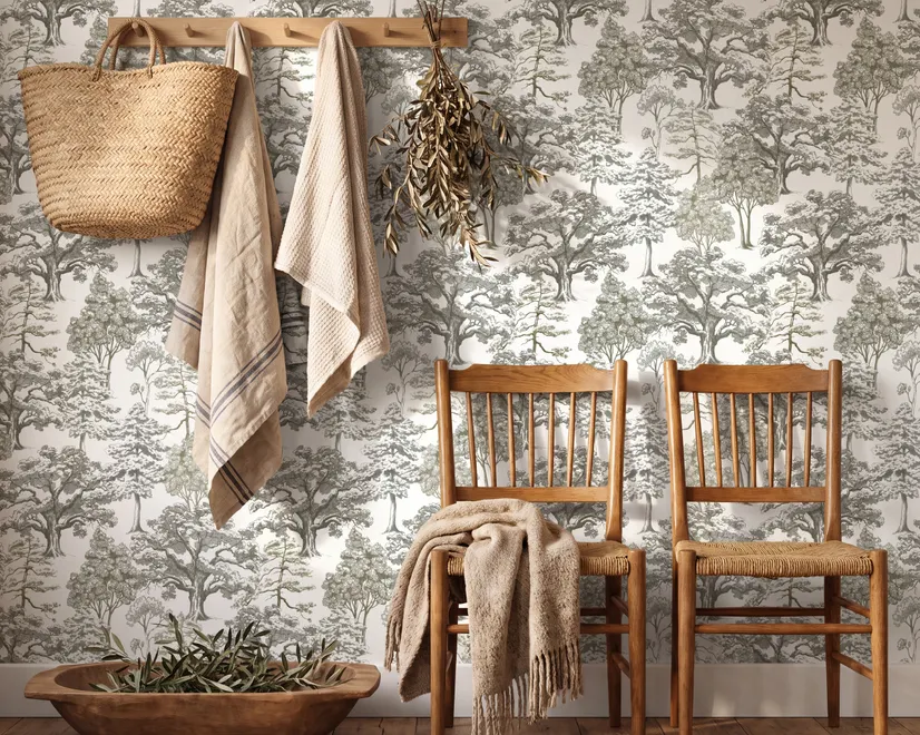 Monochrome wallpaper with grey tree toile on a clean white ground