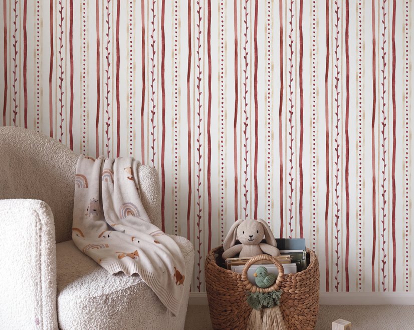 Watercolor stripe leaf wallpaper with burgundy dots and heart leaves on a bright white ground