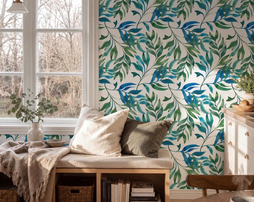Dark olive green wallpaper with teal and cobalt watercolour lance leaves on a white ground