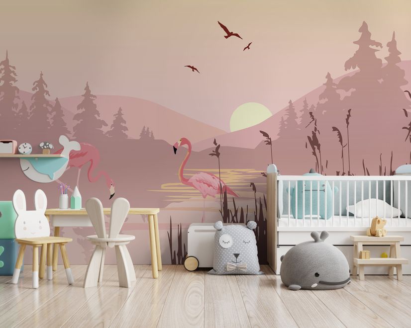 Papier peint paysage rose au lever du soleil avec des flamants roses