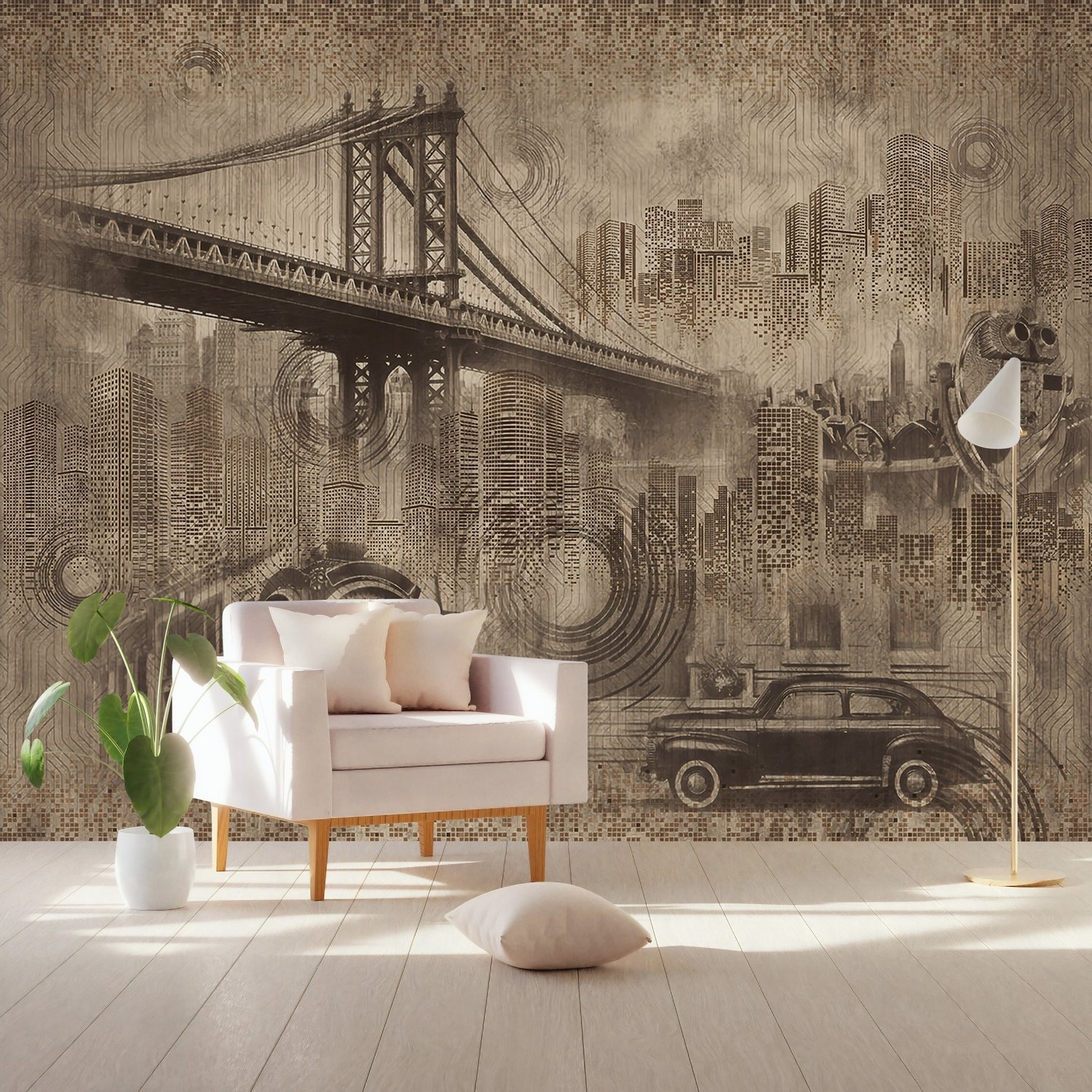 European Vintage City with Brooklyn Bridge Wallpaper Mural - Peel and Stick