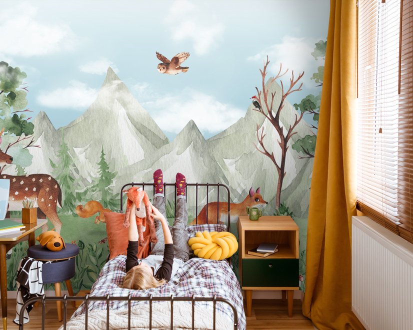 Niedliche Waldtiere mit Kinder-Berglandschaft Fototapete