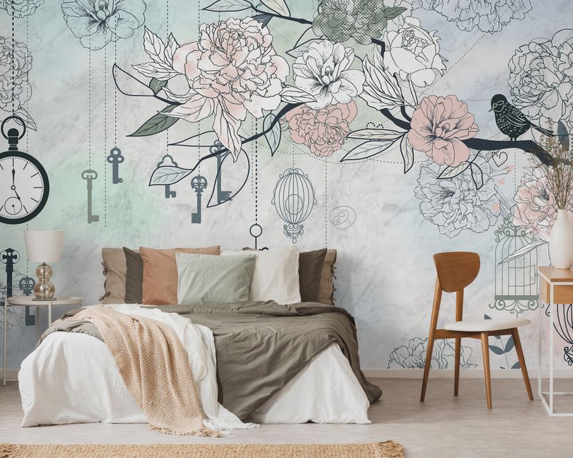 Hanging Keys on Floral Tree Wallpaper Mural