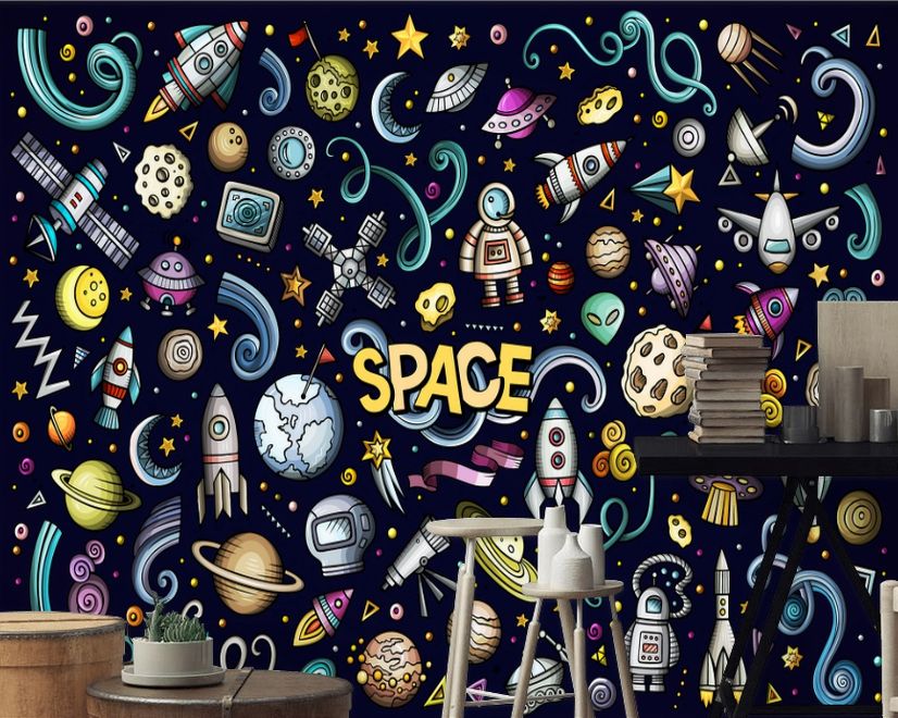 Kids Cartoon Space with Astronaut and Colorful Planets Wallpaper Mural