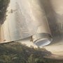 Landscape wallpaper mural with sepia coastal mountains, sailboat, beach figure and foreground tree