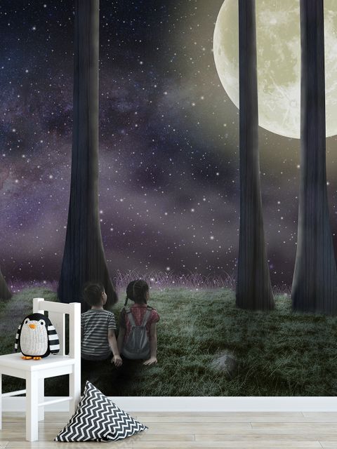 Papier peint panoramique rêves au clair de lune avec enfants envoûtant 3D